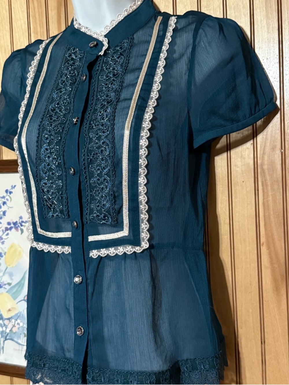 Victorian Teal Lace Bib Front Blouse •Size S• Sheer Chiffon Rhinestone Buttons - Picture 12 of 16
